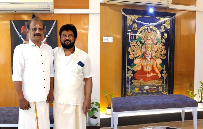 Artist RK Shanmugam Spiritual Journey with Actor Jaggesh Ji: Panchamukha Anjaneya Raghavendra Tanjore Painting Bangalore Malleshwaram